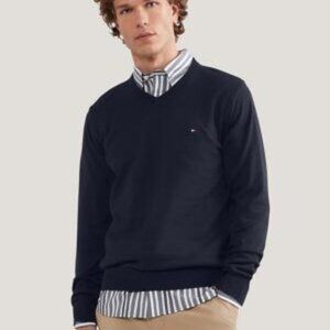 Tommy Hilfiger Men's Navy Blue V-Neck Cotton Sweater - Classic Flag Logo XXL